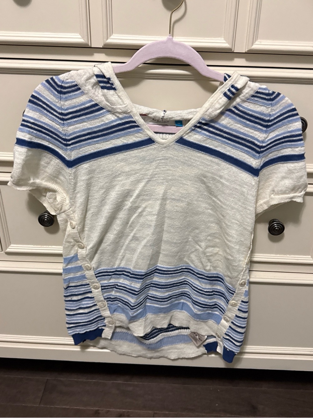 Anthropologie Striped Hooded Short Sleeve Top in White and Blue